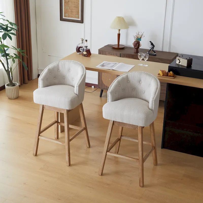 33.25 Swivel Upholstered Counter Stools, Set of 2 Armless Bar Chairs with Rubberwood Frame and Footrest