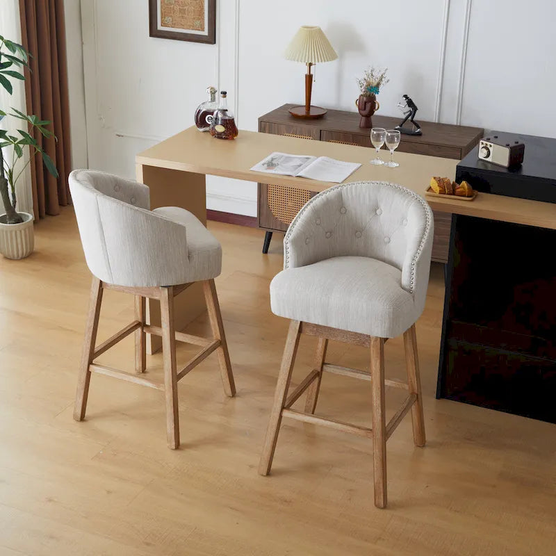 33.25 Swivel Upholstered Counter Stools, Set of 2 Armless Bar Chairs with Rubberwood Frame and Footrest