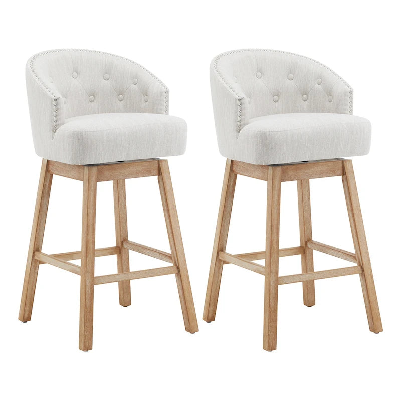 33.25 Swivel Upholstered Counter Stools, Set of 2 Armless Bar Chairs with Rubberwood Frame and Footrest