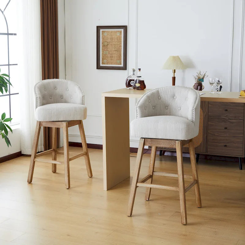 33.25 Swivel Upholstered Counter Stools, Set of 2 Armless Bar Chairs with Rubberwood Frame and Footrest