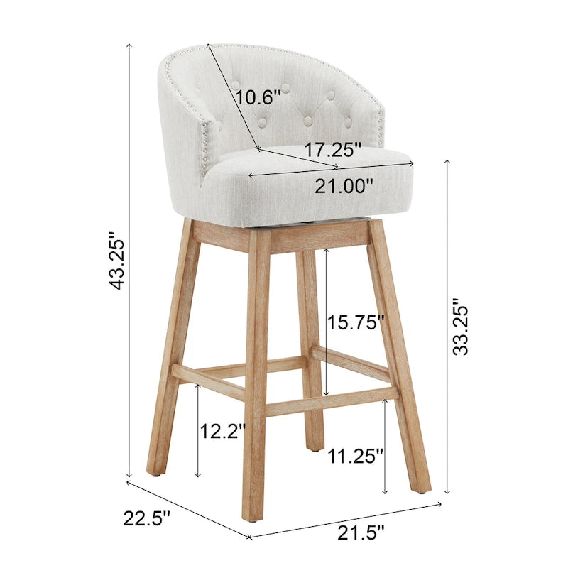 Tabourets de comptoir pivotants rembourrés 33,25 po, ensemble de 2 chaises de bar sans accoudoirs avec structure en bois d'hévéa et repose-pieds