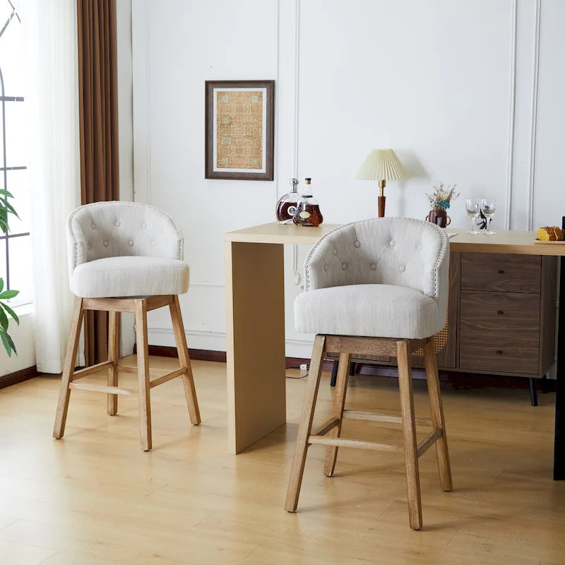 Tabourets de comptoir pivotants rembourrés 33,25 po, ensemble de 2 chaises de bar sans accoudoirs avec structure en bois d'hévéa et repose-pieds