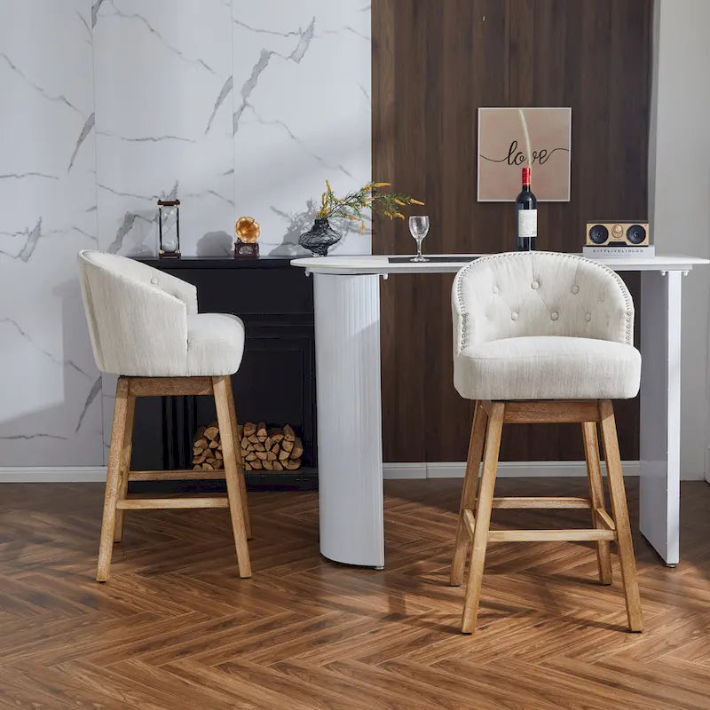 Tabourets de comptoir pivotants rembourrés 33,25 po, ensemble de 2 chaises de bar sans accoudoirs avec structure en bois d'hévéa et repose-pieds
