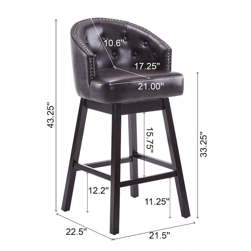 Tabourets de comptoir pivotants rembourrés 33,25 po, ensemble de 2 chaises de bar sans accoudoirs avec structure en bois d'hévéa et repose-pieds