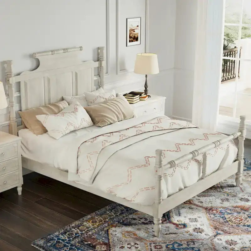 Vintage Country Style Wood Queen Size Four Poster Platform Bed with 56.9 High Crown-like Headboard, No Box Spring Needed