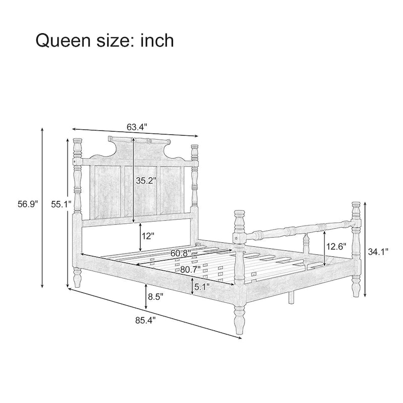 Vintage Country Style Wood Queen Size Four Poster Platform Bed with 56.9 High Crown-like Headboard, No Box Spring Needed
