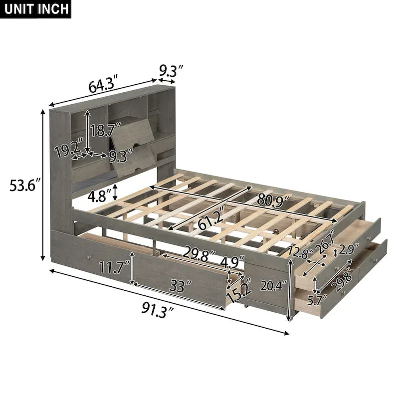 Queen Size Platform Bed with Storage Headboard and 8 Drawers, Gray