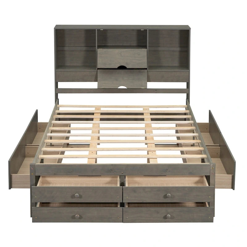 Queen Size Platform Bed with Storage Headboard and 8 Drawers, Gray