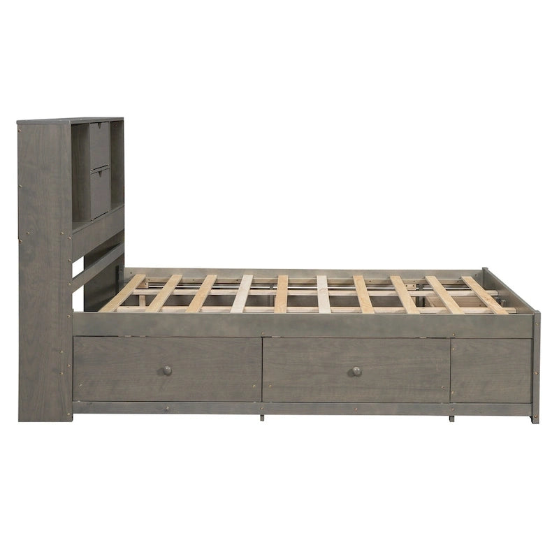 Queen Size Platform Bed with Storage Headboard and 8 Drawers, Gray