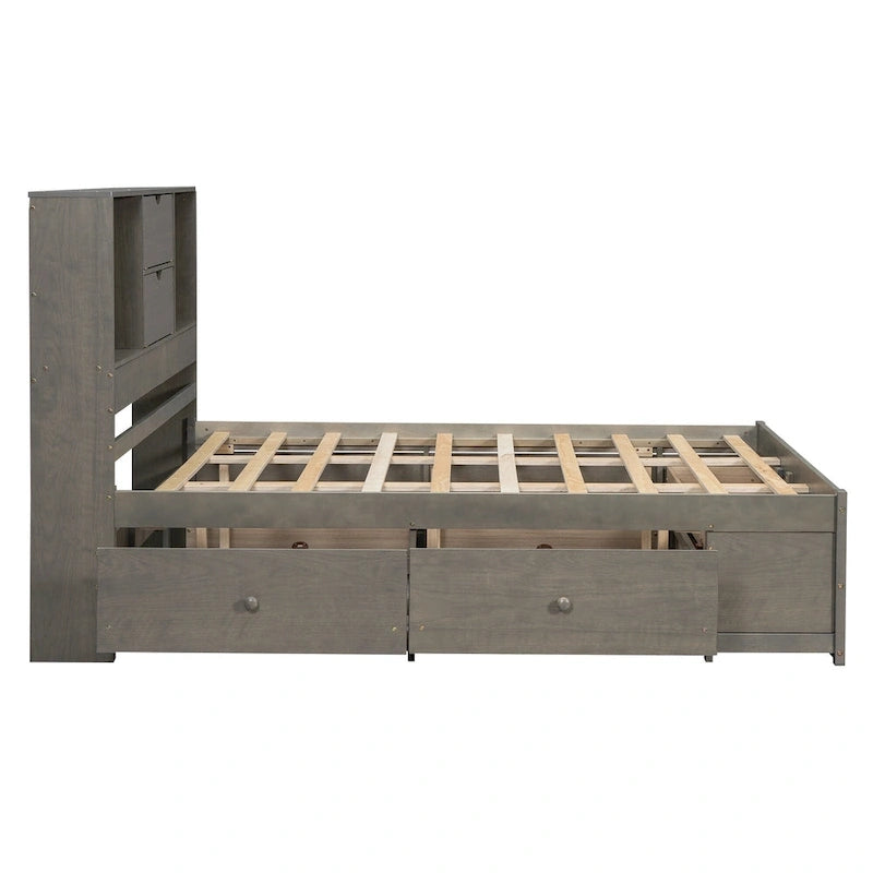 Queen Size Platform Bed with Storage Headboard and 8 Drawers, Gray