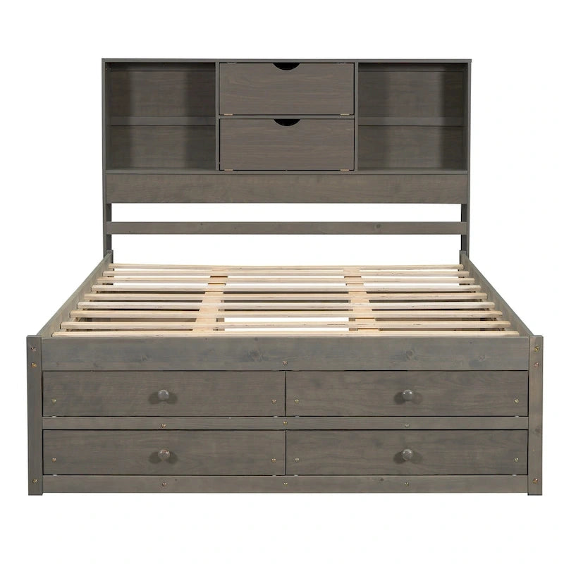 Queen Size Platform Bed with Storage Headboard and 8 Drawers, Gray