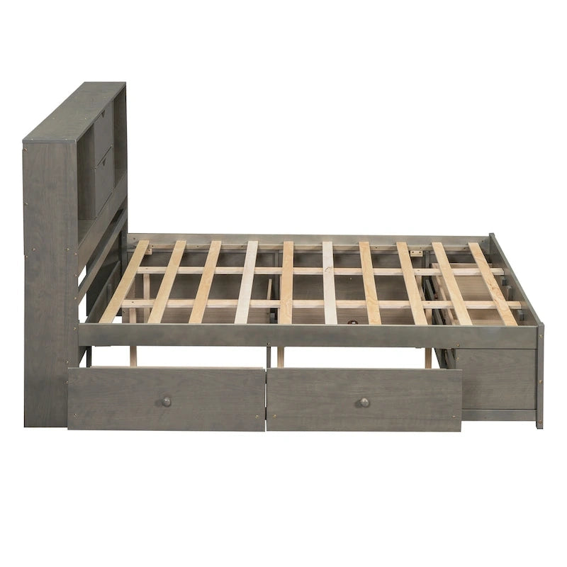 Queen Size Platform Bed with Storage Headboard and 8 Drawers, Gray