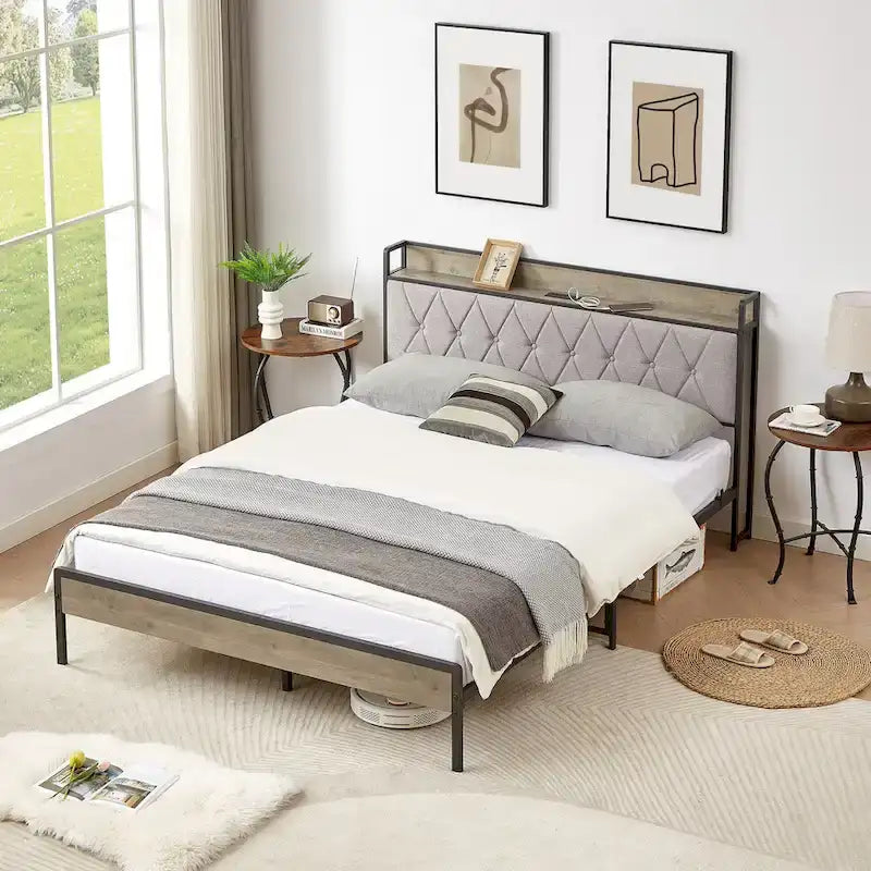 Grey & Queen Bed with Charging Station