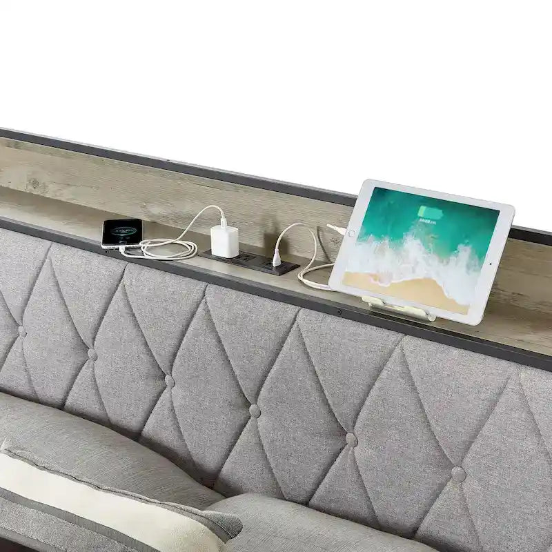 Grey & Queen Bed with Charging Station