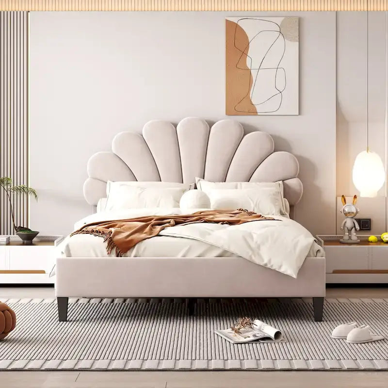 Upholstered Platform Bed with Flower Pattern Headboard