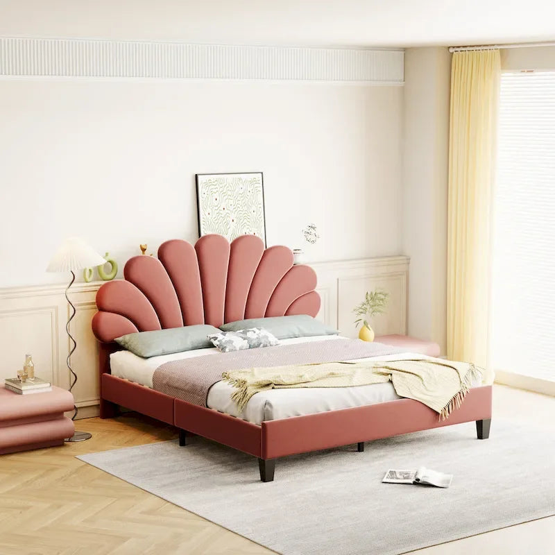 Upholstered Platform Bed with Flower Pattern Headboard