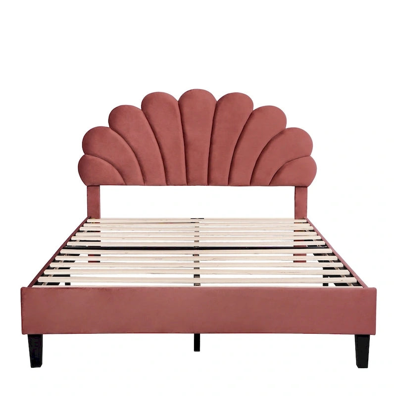 Upholstered Platform Bed with Flower Pattern Headboard