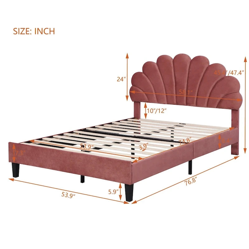 Upholstered Platform Bed with Flower Pattern Headboard