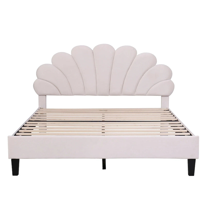 Upholstered Platform Bed with Flower Pattern Headboard
