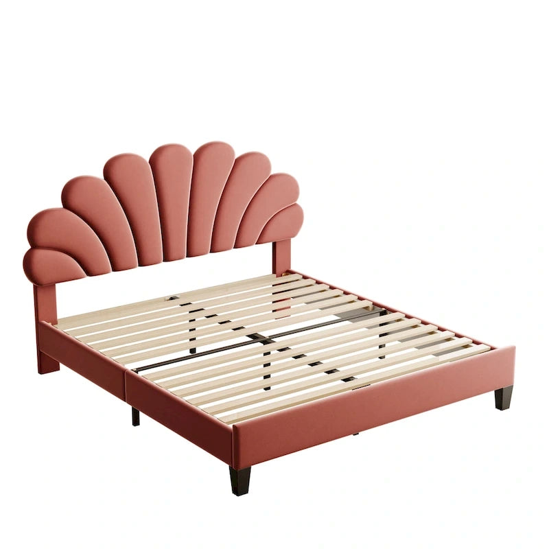 Upholstered Platform Bed with Flower Pattern Headboard