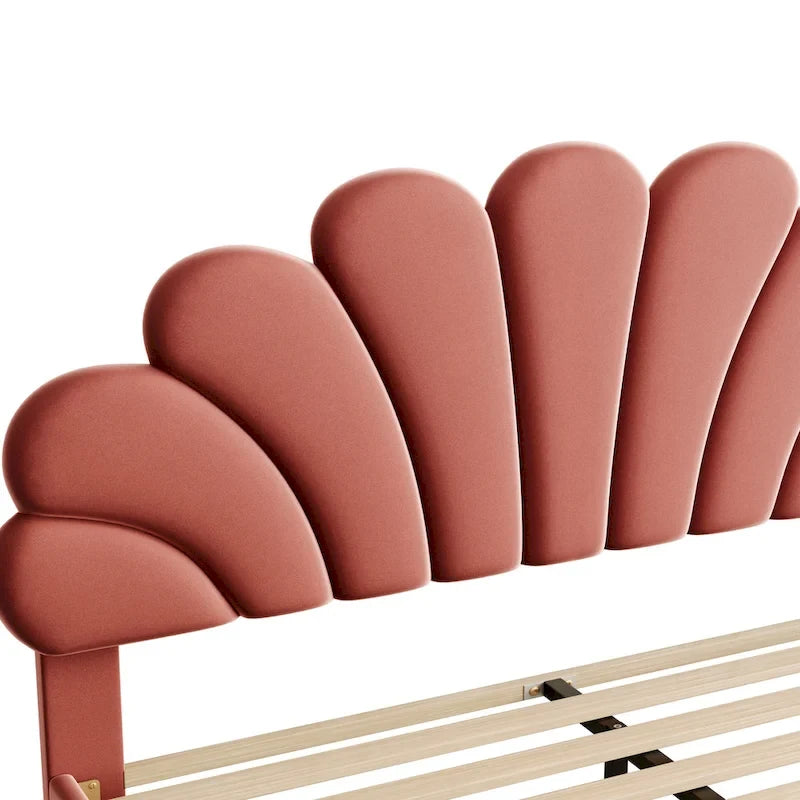Upholstered Platform Bed with Flower Pattern Headboard