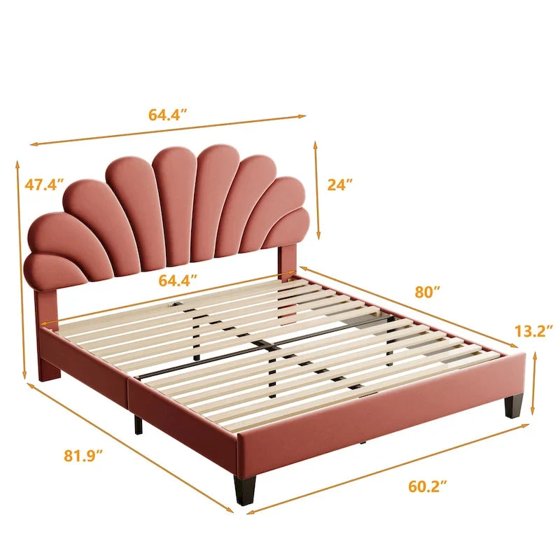 Upholstered Platform Bed with Flower Pattern Headboard