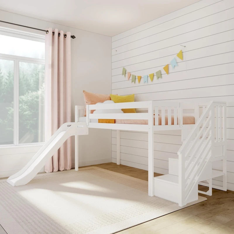 Twin Low Loft with Stairs, Easy Slide and Curtain