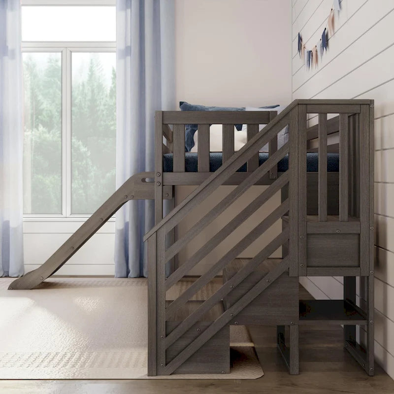 Lit mezzanine jumeau bas avec escalier, toboggan facile et rideau