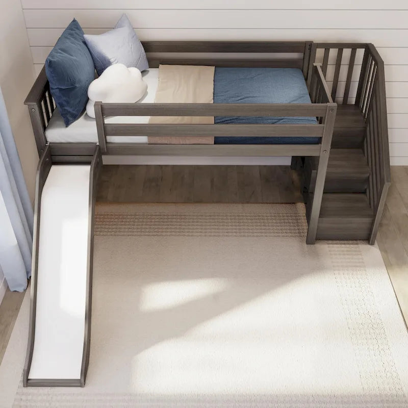 Twin Low Loft with Stairs, Easy Slide and Curtain