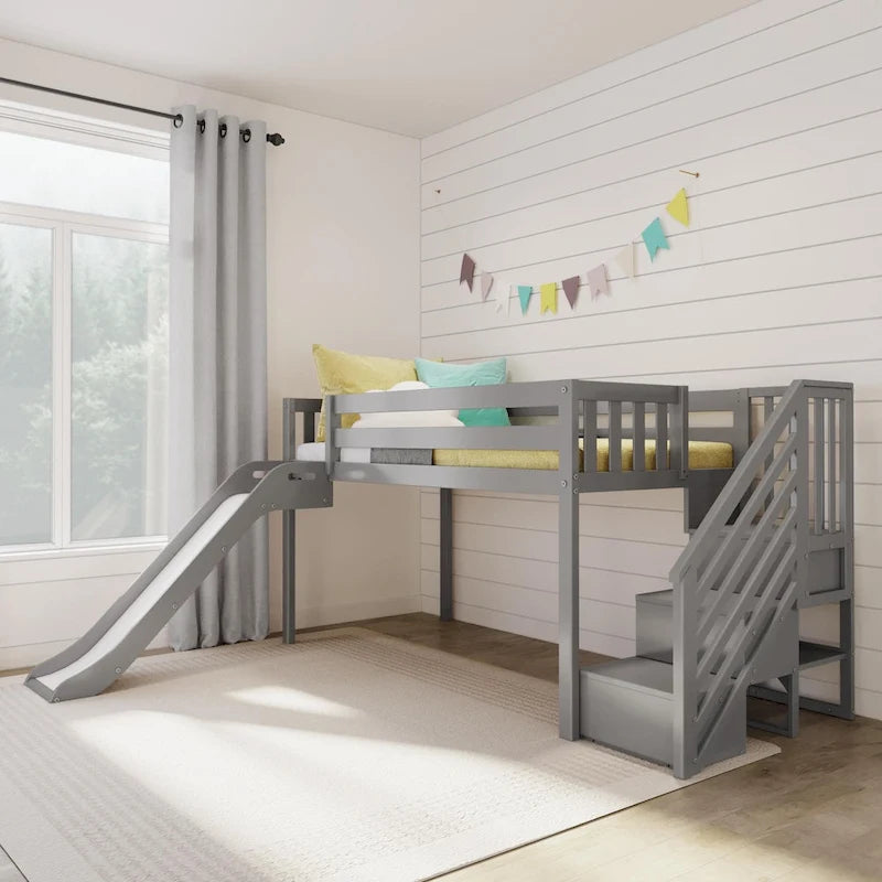 Lit mezzanine jumeau bas avec escalier, toboggan facile et rideau