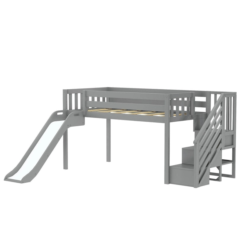 Lit mezzanine jumeau bas avec escalier, toboggan facile et rideau