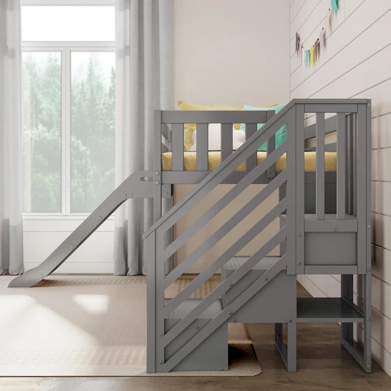 Lit mezzanine jumeau bas avec escalier, toboggan facile et rideau