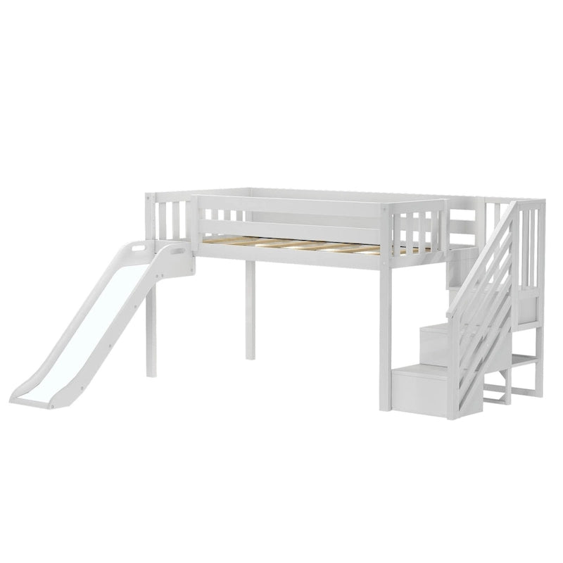 Lit mezzanine jumeau bas avec escalier, toboggan facile et rideau