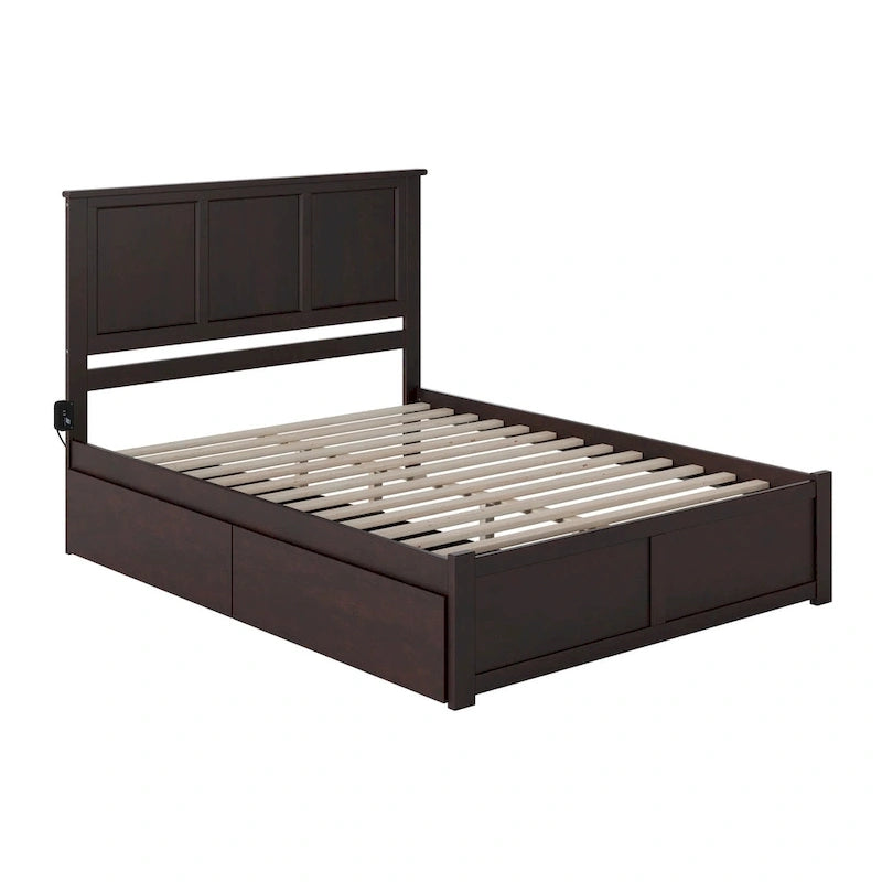King Platform Bed with Footboard and 2 Drawers in Espresso