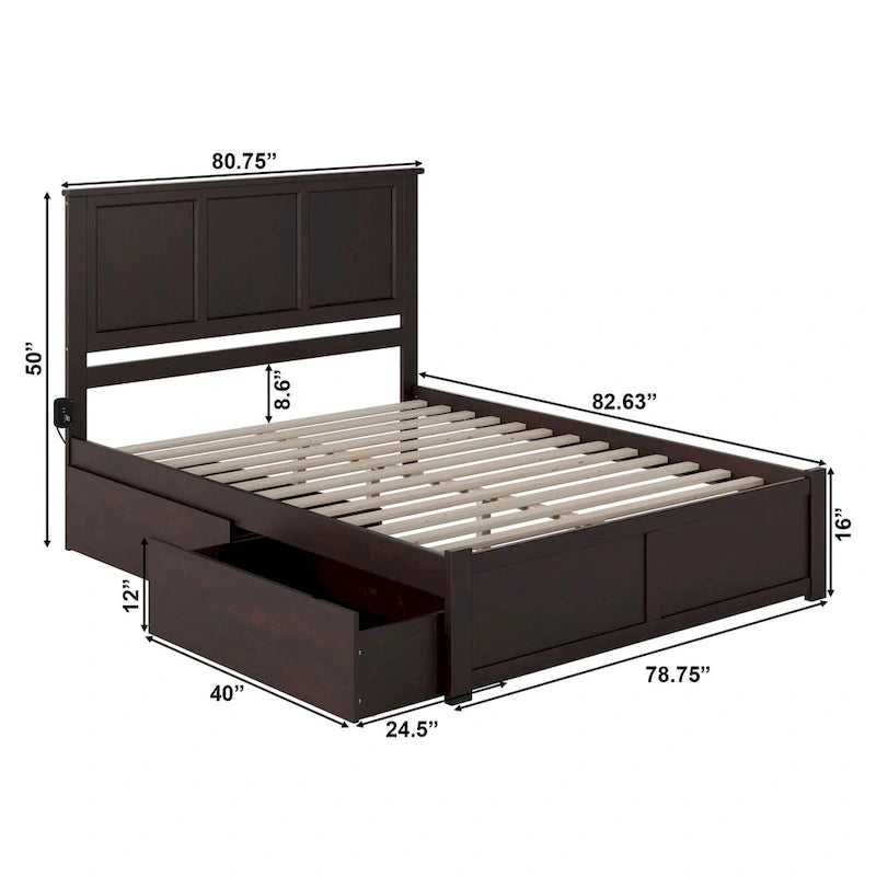 King Platform Bed with Footboard and 2 Drawers in Espresso