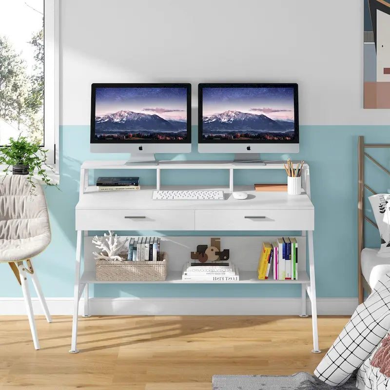 47 Inch Computer Desk with Drawers and Storage Monitor Hutch Shelf