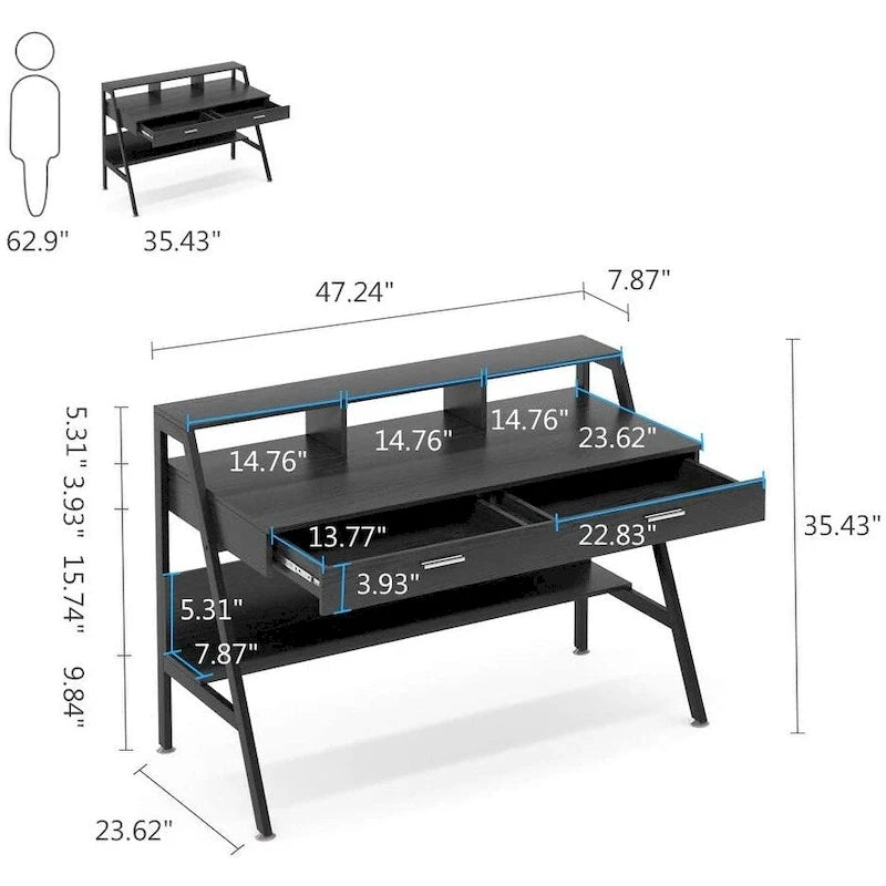 47 Inch Computer Desk with Drawers and Storage Monitor Hutch Shelf