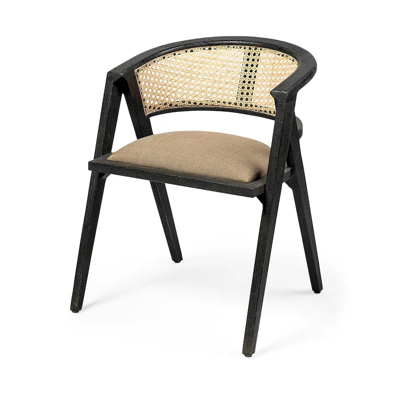Beige Fabric Seat With Black Solid Wood Frame and Cane Back Dining Chair 22.5L x 20.0W x 29.0H