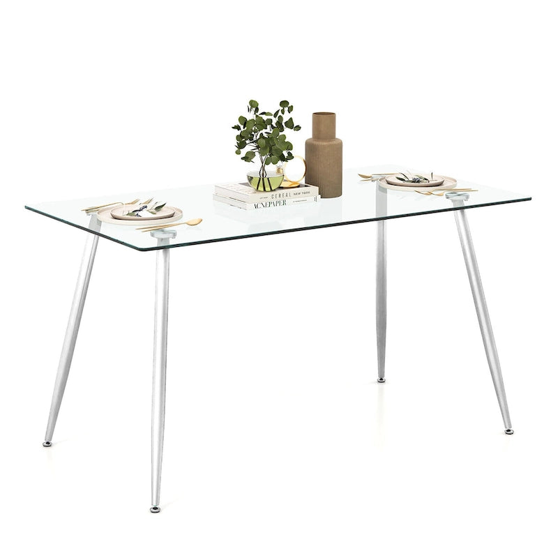 Table à manger moderne en verre, rectangulaire, avec métal
