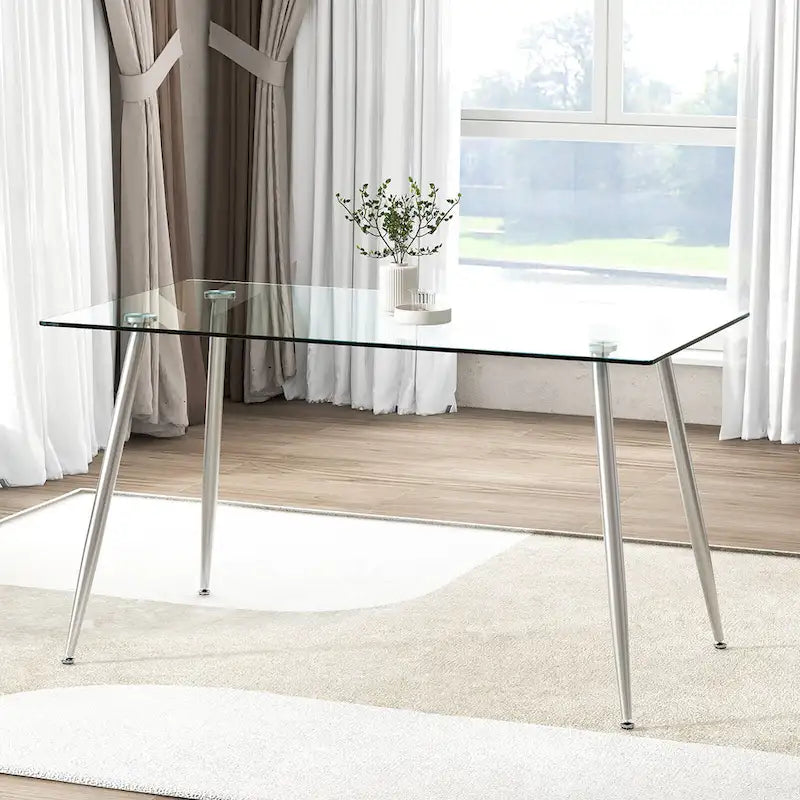 Table à manger moderne en verre, rectangulaire, avec métal