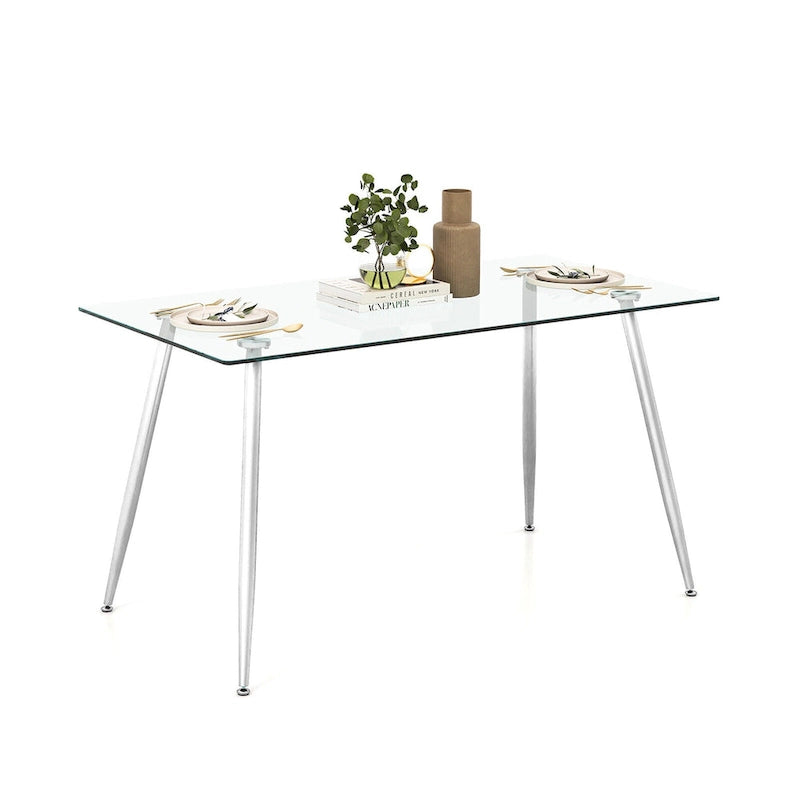Table à manger moderne en verre, rectangulaire, avec métal
