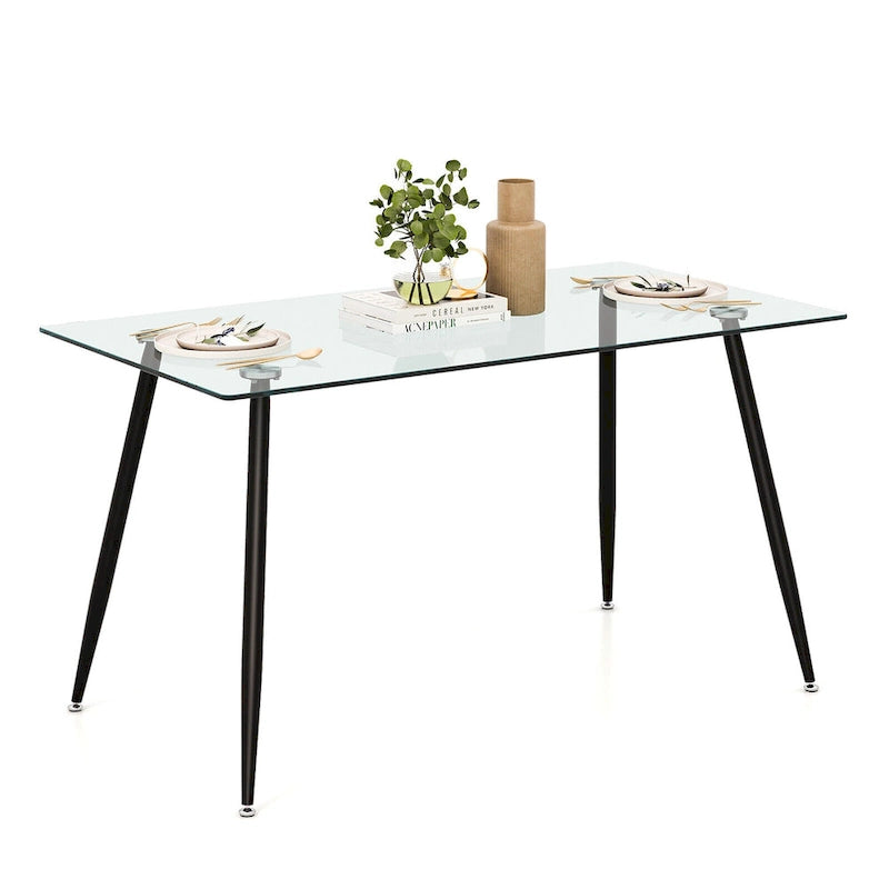 Table à manger moderne en verre, rectangulaire, avec métal
