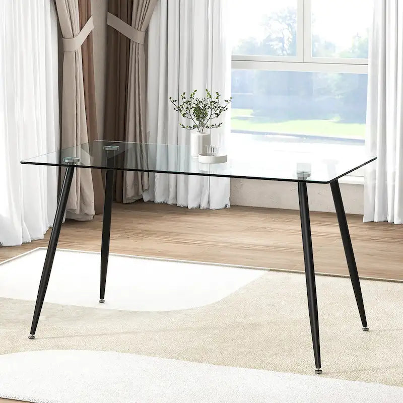 Table à manger moderne en verre, rectangulaire, avec métal