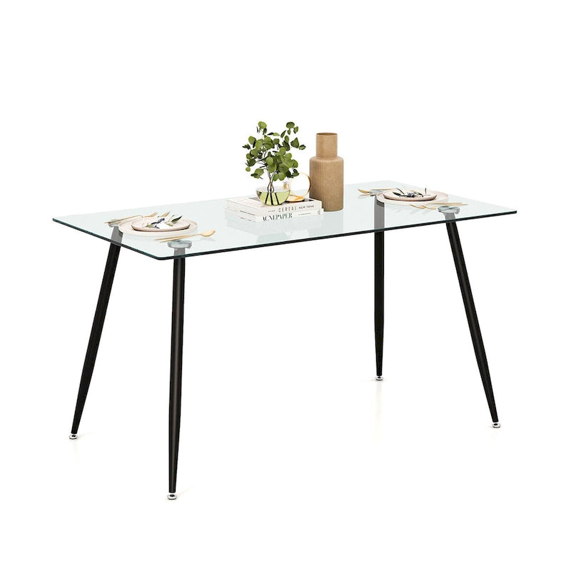 Table à manger moderne en verre, rectangulaire, avec métal