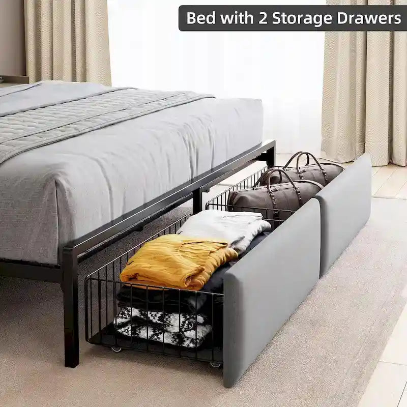 Bed Frame with RGB LED Lights Headboard & 2 Storage Drawers