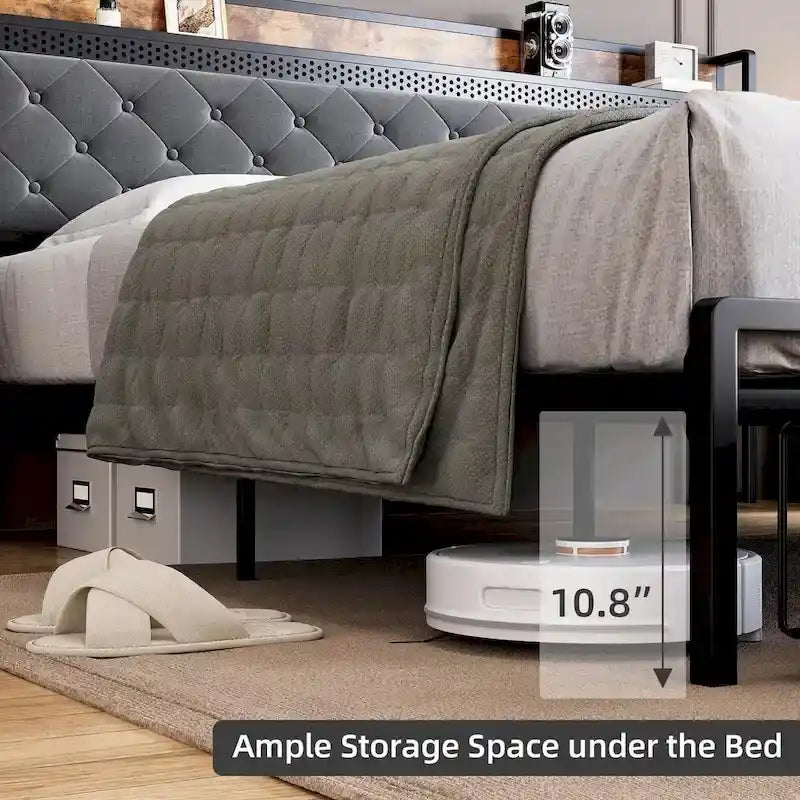 Bed Frame with RGB LED Lights Headboard & 2 Storage Drawers