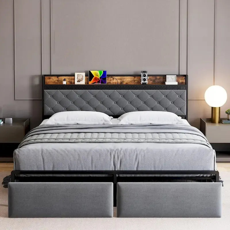 Bed Frame with RGB LED Lights Headboard & 2 Storage Drawers