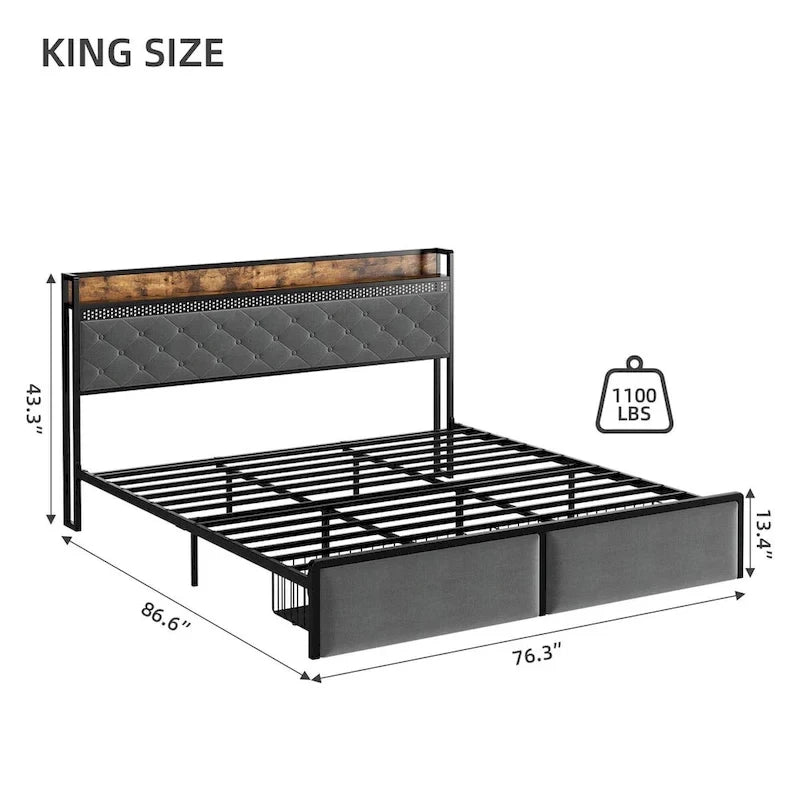 Bed Frame with RGB LED Lights Headboard & 2 Storage Drawers