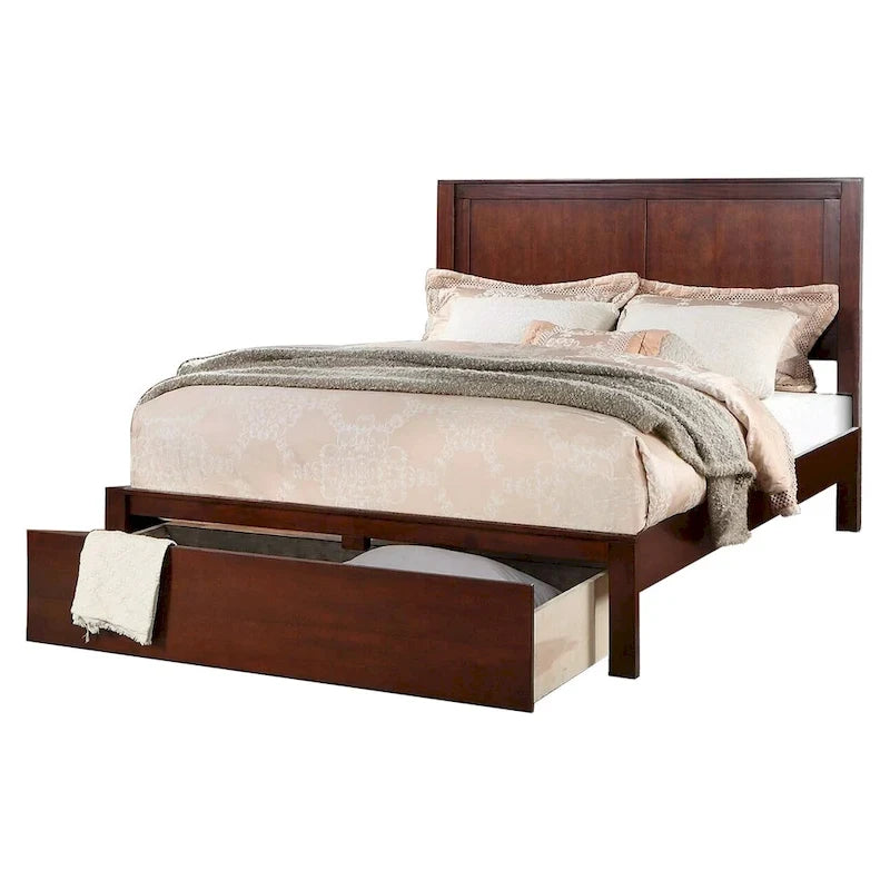 Platform  King Panel Bed, Storage Drawer, Cherry Brown Wood