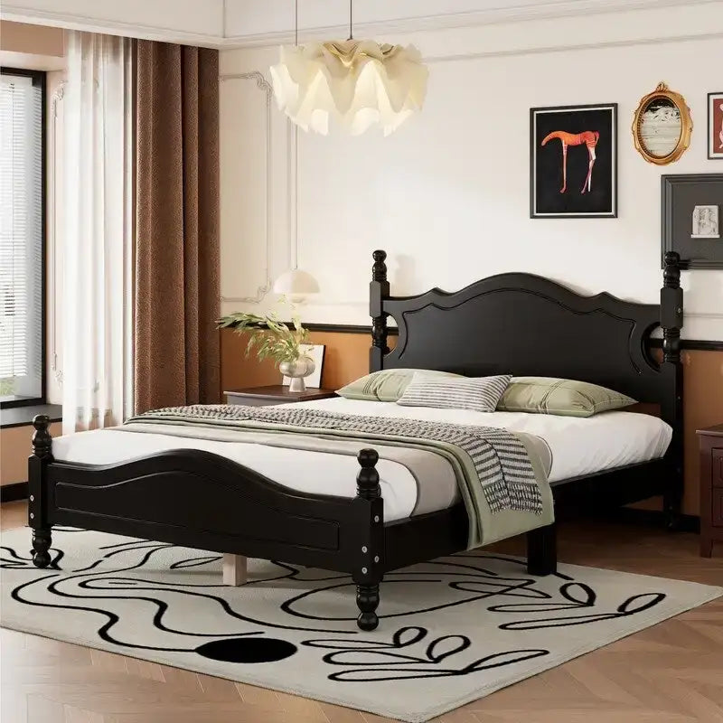 Retro Wood Platform Bed Frame with Wooden Slat Support